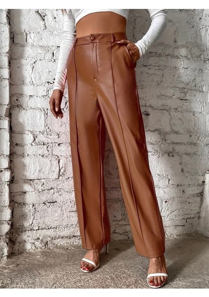 Kadın Önden Fermuarlı Cepli Geniş Kesim Lame Deri Pantolon modelleri