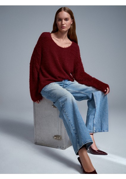 10806 Kayık Yaka Yumuşak Dokulu Triko Kazak-Koyu Bordo