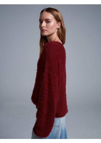 10806 Kayık Yaka Yumuşak Dokulu Triko Kazak-Koyu Bordo fiyatları