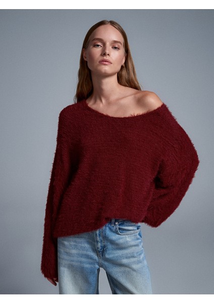 10806 Kayık Yaka Yumuşak Dokulu Triko Kazak-Koyu Bordo modelleri