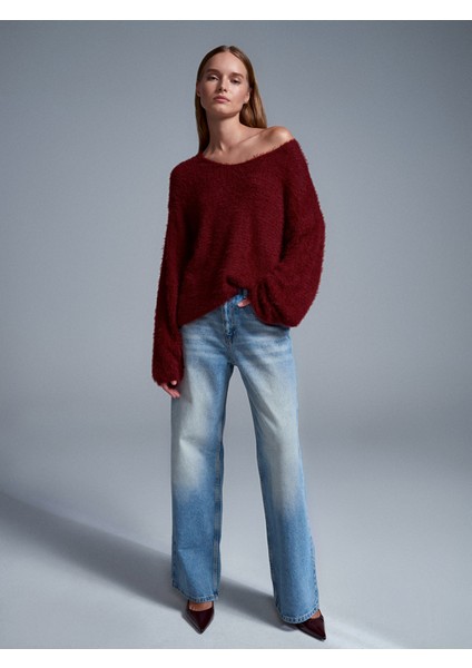 10806 Kayık Yaka Yumuşak Dokulu Triko Kazak-Koyu Bordo indirimleri