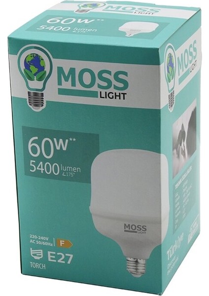 Moss Lıght 60W Torch LED Ampul Plastik E27 5400LUMEN L175 Derece 50.000 Saat Ömür IP20 185-265V Ac (5067)