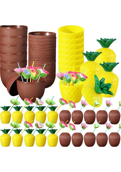 Tropikal Parti Bardak Seti – Ananas ve Hindistan Cevizi Şekilli Pipetli Bardaklar (20 Adet)