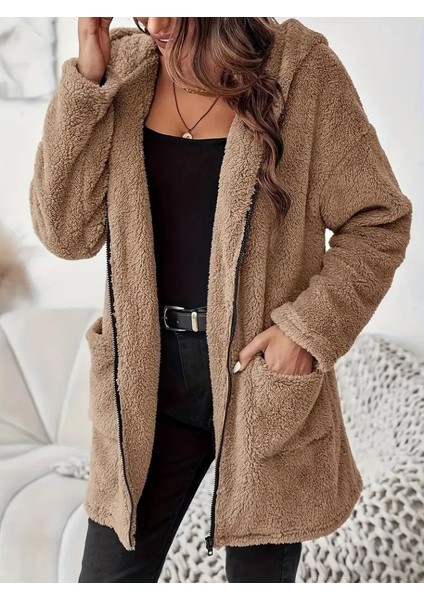 Eyesof Kadın Uzun Kollu Kapşonlu Önden Fermuarlı Cepli Welsoft Ceket