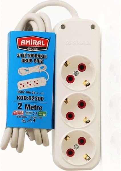 Amiral 3' Lü Topraklı 2 Metre Kablolu Grup Priz
