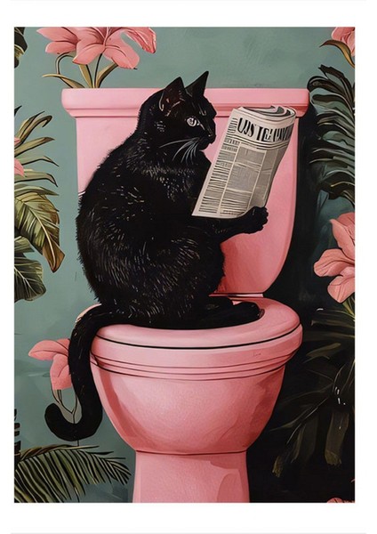 Tuvaletteki Siyah Kedi Tasarım Ahşap Tablo, 35CM x 50CM