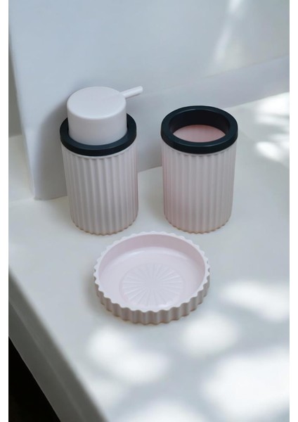 Parça Sert Plastik Seti/sıvı Sabunluk, Diş Fırçalık ve Katı Sabunluk-Toz Pembe