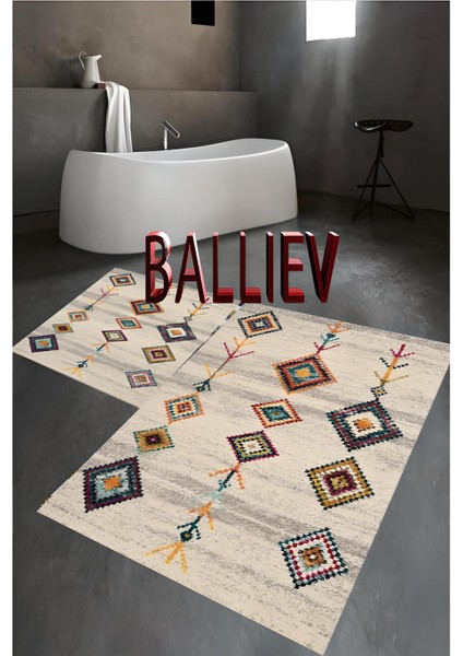 Bohem Çizgi Djt 2'li Banyo Paspası ve Klozet Takımı, Kaymaz Tabanlı, Sarı