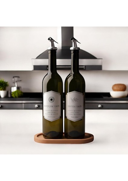 Ahşap 2&apos;li 750 ml Zeytinyağı Sıvıyağ Şişesi Yağdanlık Yağlık