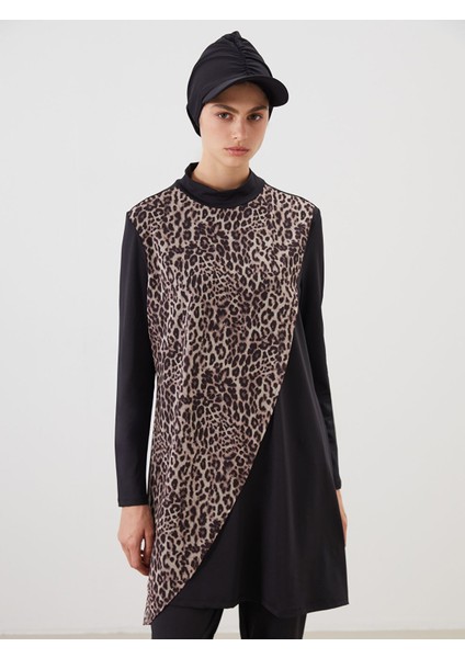 Yeni Sezon Dik Yaka Leopar Desenli Kadın Tesettür Mayo Takımı
