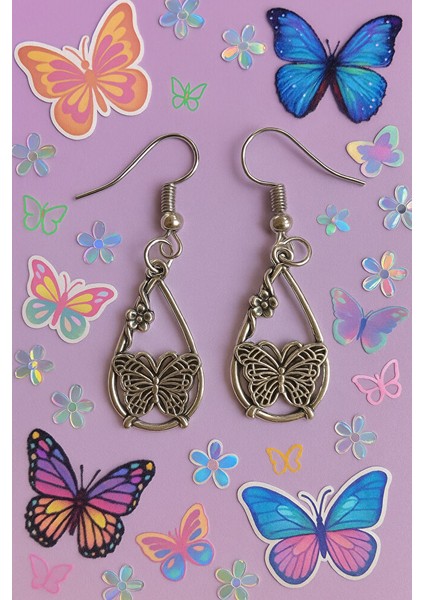 Antik Gümüş Renk Kelebek ve Çiçek Motifli Sallantılı Küpe - El Yapımı fiyatları