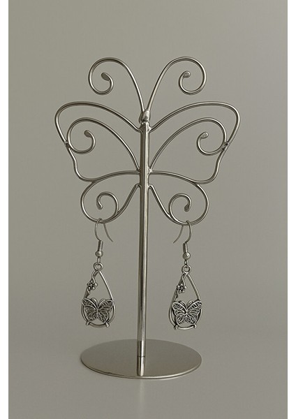 Antik Gümüş Renk Kelebek ve Çiçek Motifli Sallantılı Küpe - El Yapımı indirimleri