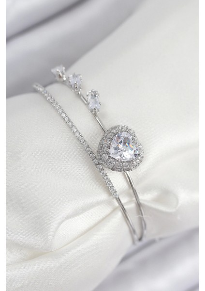 Bfs Pirinç Zirkon Taşlı Kalp Model Gümüş Renk Kadın Bileklik