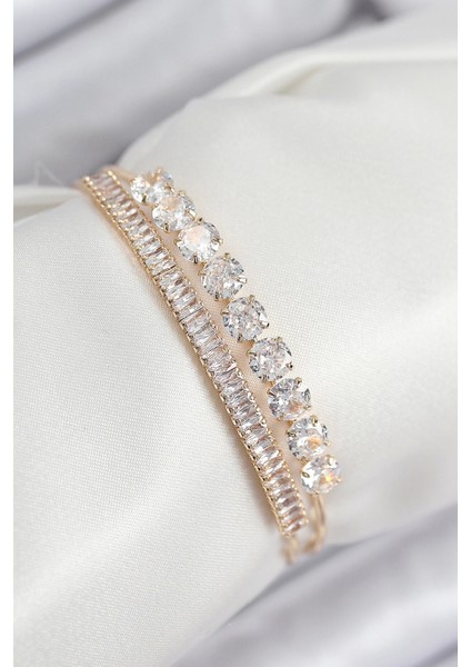 Bfs Pirinç Zirkon Taşlı Su Yolu Model Gold Renk Kadın Bileklik