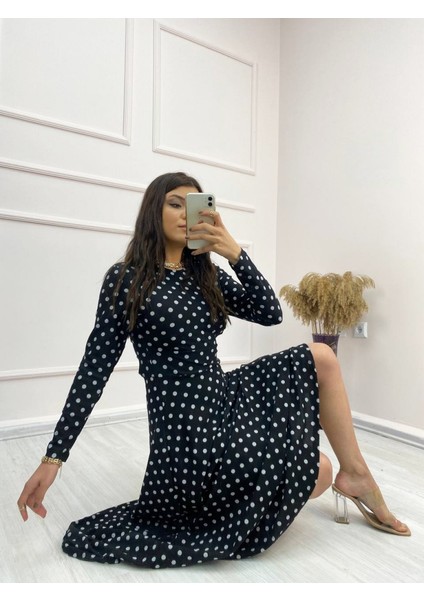 Eyesof Kadın Siyah Tam Boy Beyaz Puantiyeli Elbise modelleri