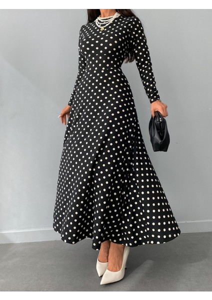 Eyesof Kadın Siyah Tam Boy Beyaz Puantiyeli Elbise