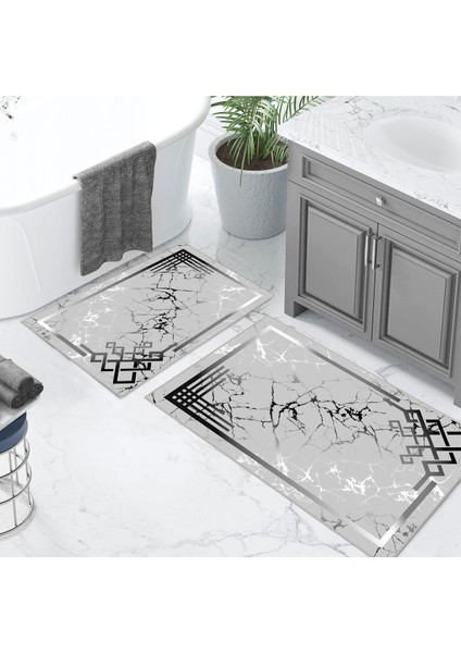 Dijital Baskılı Kaymaz Tabanlı 2'li Banyo Paspas Seti 40X60 ve 60X100 Gri