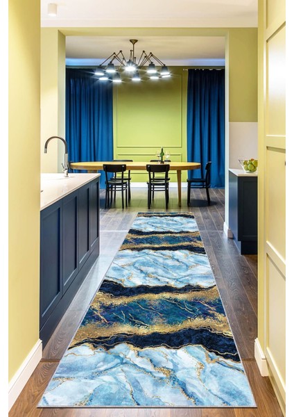 Mavi Dijital Baskılı Mermer Desenli Kaymaz Taban Rulo Yolluk