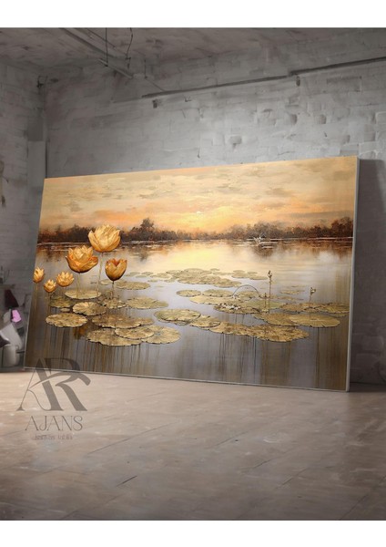 Kanvas Tablo Gold Tasarım Lotus Çiçeği Dekoratif Kanvas Tablo 35 x 50