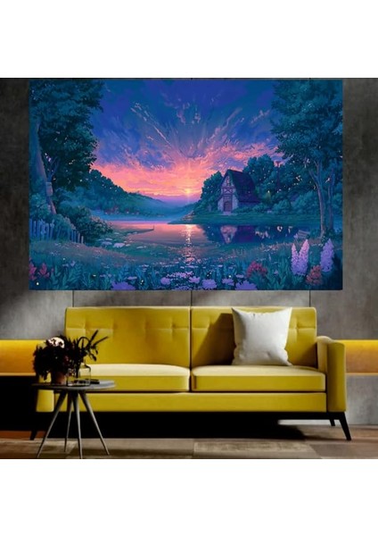 Köy Evi ve Göl Manzaralı Sanatsal Dekoratif Duvar Tablosu (70X100 Cm)