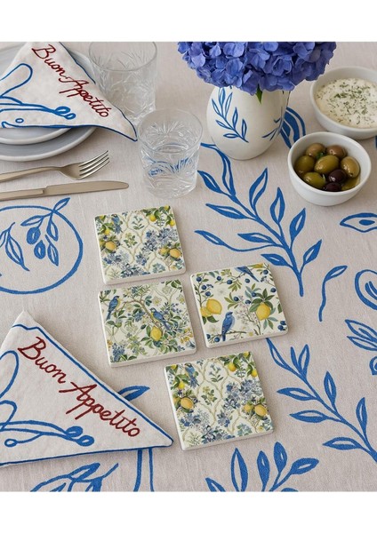 ve Kuş Desenli Taş Altlığı 4’lü Set, Yazlık Sunum Ürünü