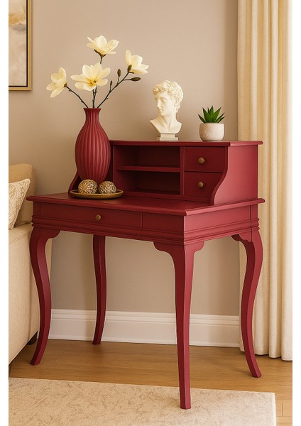 120 cm 5 Çekmeceli Masif Bordo Raflı Çalışma Masası