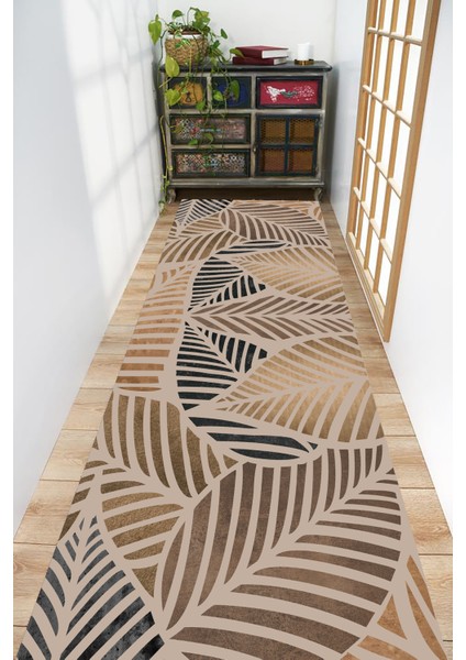 Yaprak Desenli Uzun Koridor ve Salon Halısı, Kahverengi, Şık ve Zarif Tasarım