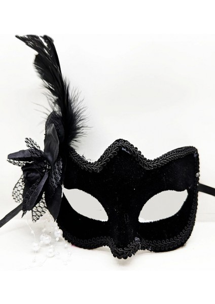 Siyah Renk Yandan Tüylü Süet Kaplama Lüks Parti Maskesi 20X23 cm