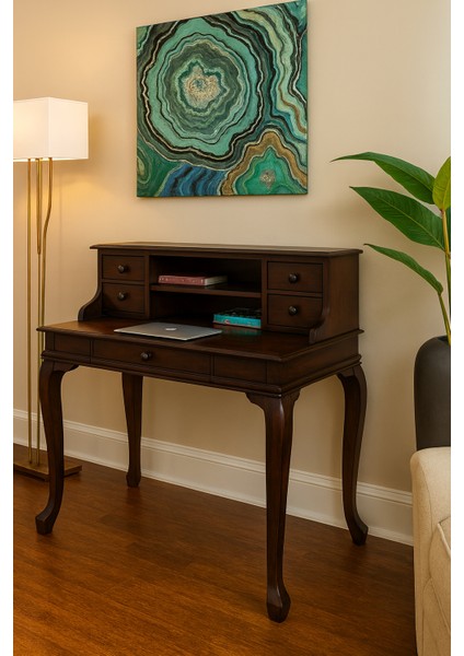 120 cm 5 Çekmeceli Masif Koyu Ceviz Raflı Çalışma Masası