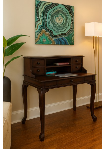 120 cm 5 Çekmeceli Masif Koyu Ceviz Raflı Çalışma Masası modelleri