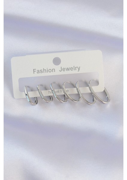 Pirinç Gümüş Renk Ince Oval Küpe Seti - TJ-BKP8989