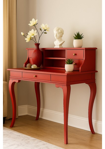 120 cm 5 Çekmeceli Masif Kırmızı Raflı Çalışma Masası