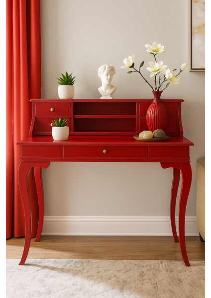 120 cm 5 Çekmeceli Masif Kırmızı Raflı Çalışma Masası modelleri