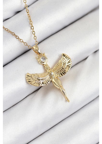 Bfs 316L Çelik Zirkon Taşlı Melek Model Gold Renk Kadın Kolye