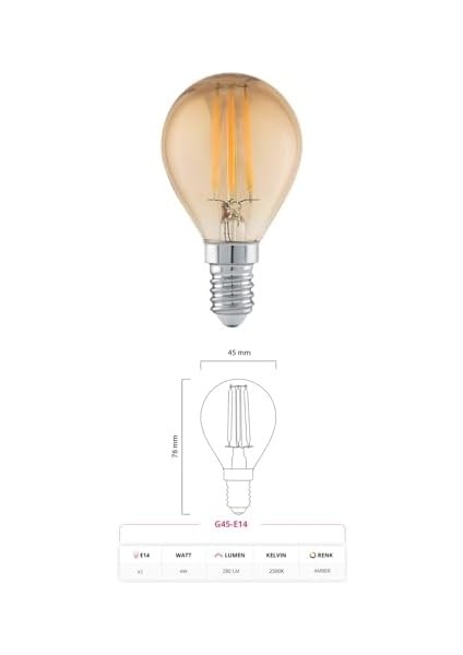 LED Filament Ampul 4 Watt E14 Duy Sarı Işık Dekoratif Aydınlatma (1, G45 Cam) modelleri
