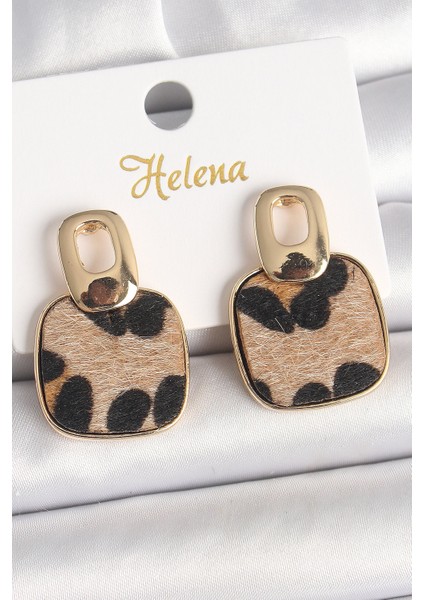 Pirinç Gold Renk Sallantı Kare Leopar Model Kadın Küpe