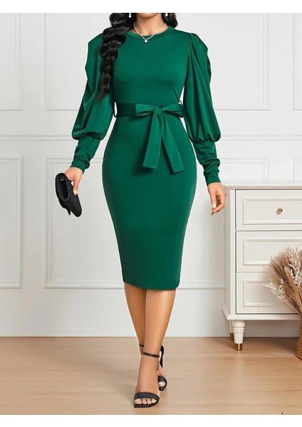 Kadın Uzun Kollu Bisiklet Yaka Beli Kuşaklı Ithal Krep Midi Elbise