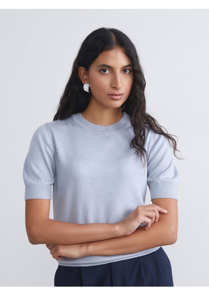 Yeni Sezon Bisiklet Yaka Taşlı Kadın Triko Kazak