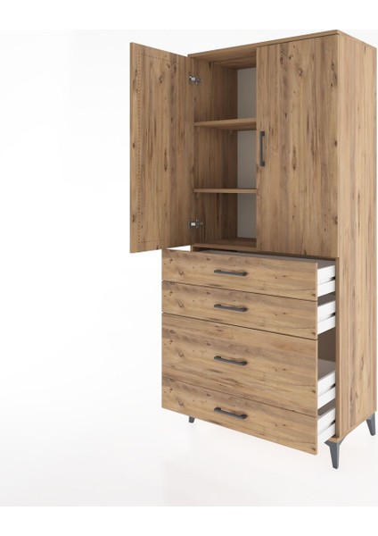 Hyperion Dolap 3 Raflı 4 Çekmeceli 2 Kapaklı 88X44X195 Çam-Çam fırsatları