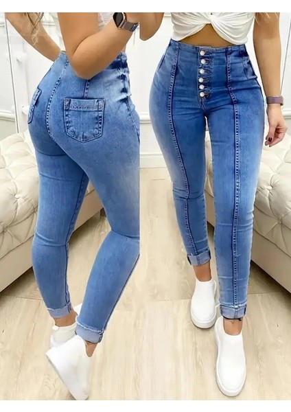 Kadın Yüksek Bel Önden Düğmeli Jean Pantolon