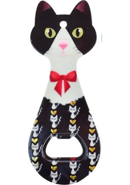 Miyav Kedi Mıknatıslı Şişe Kapak Açacağı, Kedili Açacak Buzdolabı Magnet Siyah, 5.5X14 Cm, Seramik Kaplama