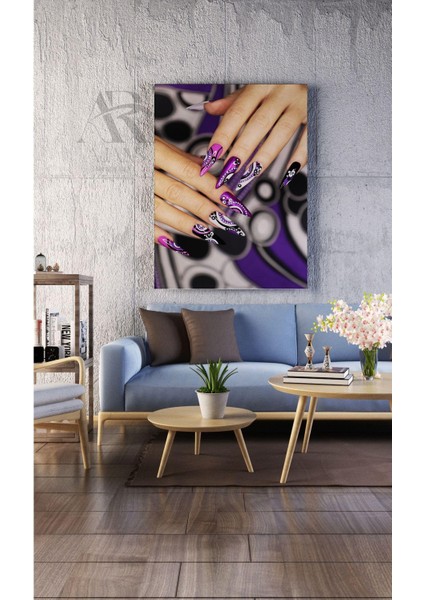Kanvas Tablo Renkli Tırnaklar Mor Ojeli Dekoratif Salon Kuför Kanvas Tablo 35 x 50