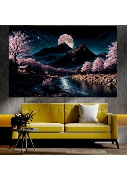 Dağ ve Nehir Manzaralı Sanatsal Dekoratif Duvar Tablosu (50X70 Cm)
