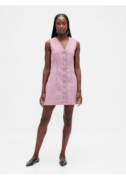 Kadın Pembe Denim V-Yaka Mini Elbise