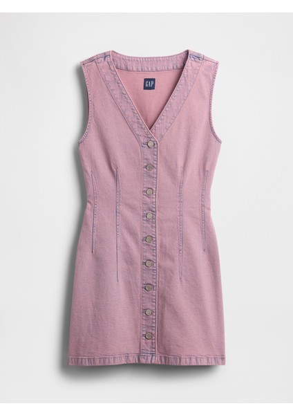 Kadın Pembe Denim V-Yaka Mini Elbise fiyatları