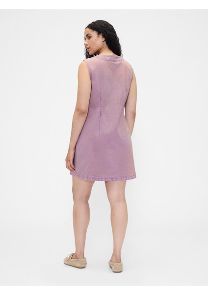 Kadın Pembe Denim V-Yaka Mini Elbise modelleri