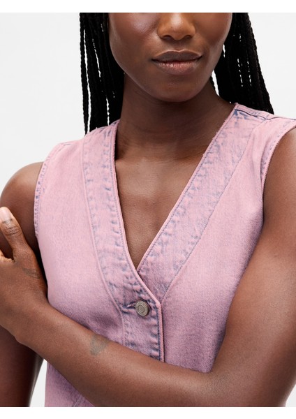 Kadın Pembe Denim V-Yaka Mini Elbise indirimleri