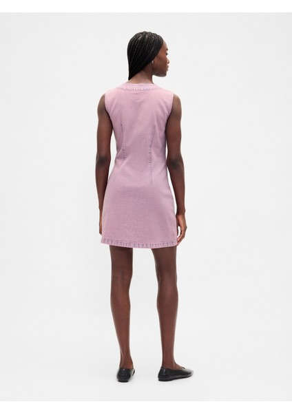 Kadın Pembe Denim V-Yaka Mini Elbise