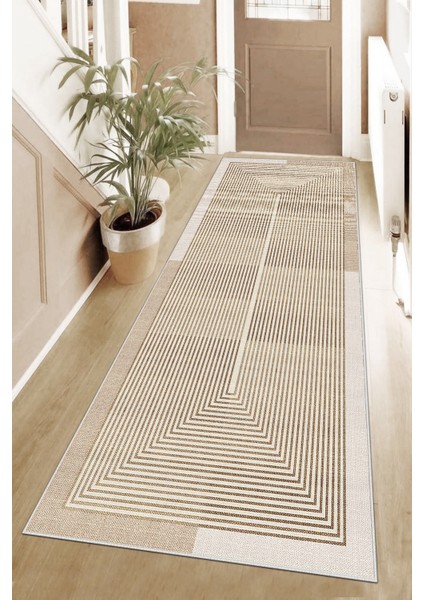 Kahverengi Dijital Baskılı Kaymaz Taban Modern Mutfak ve Salon Halısı Yolluk