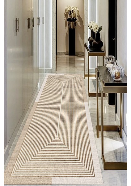 Kahverengi Dijital Baskılı Kaymaz Taban Modern Mutfak ve Salon Halısı Yolluk